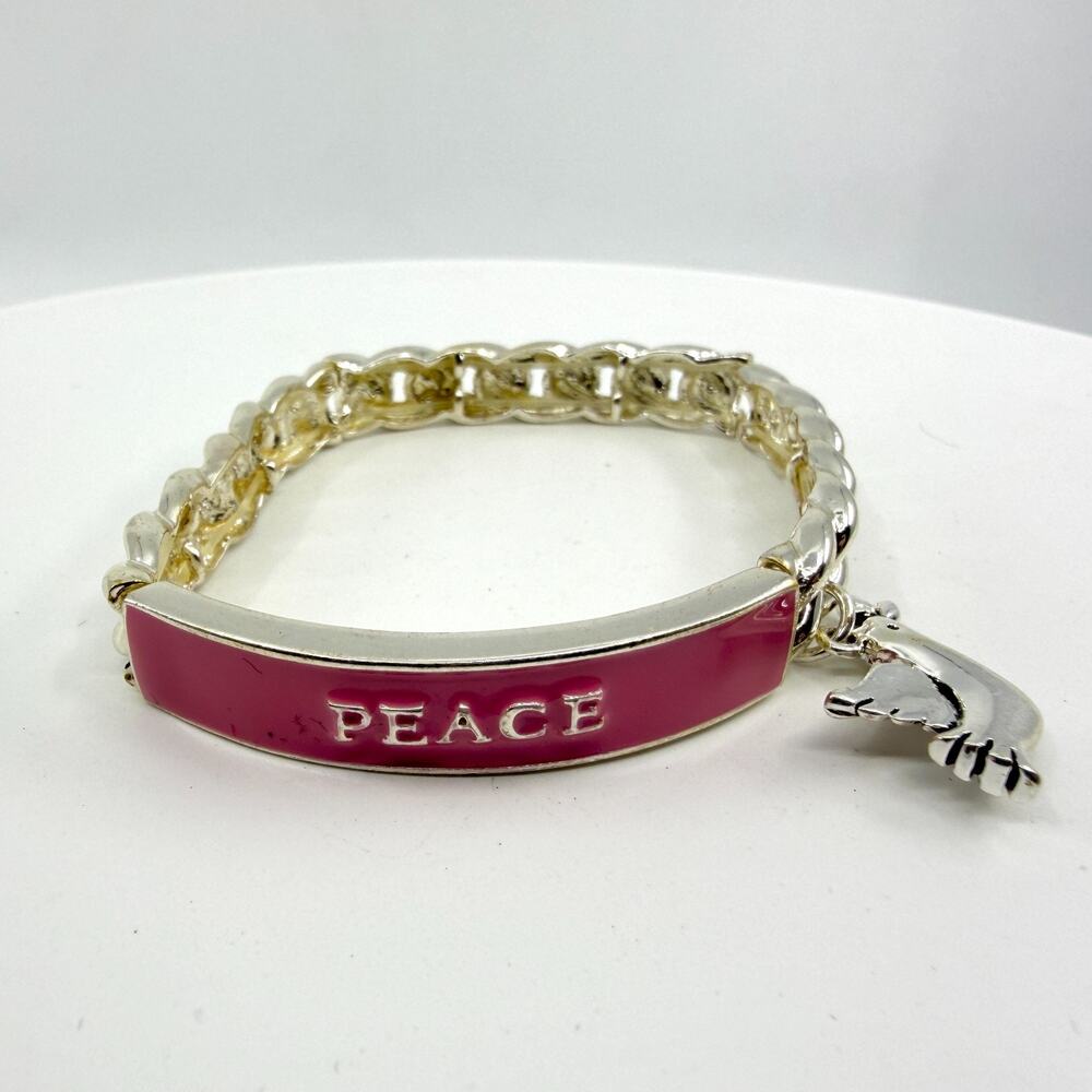 Y2K Peace Charm Bracelet Pink Enamel Bar Silver Tone Chain Layering Boho Gift